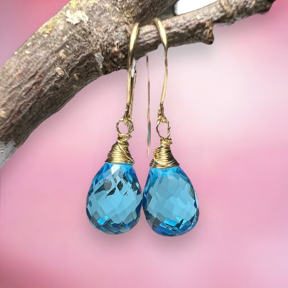 Swiss Blue Topaz Earrings Handcrafted 14k Gold Filled  , December Birthstone - Picture 1 of 8
